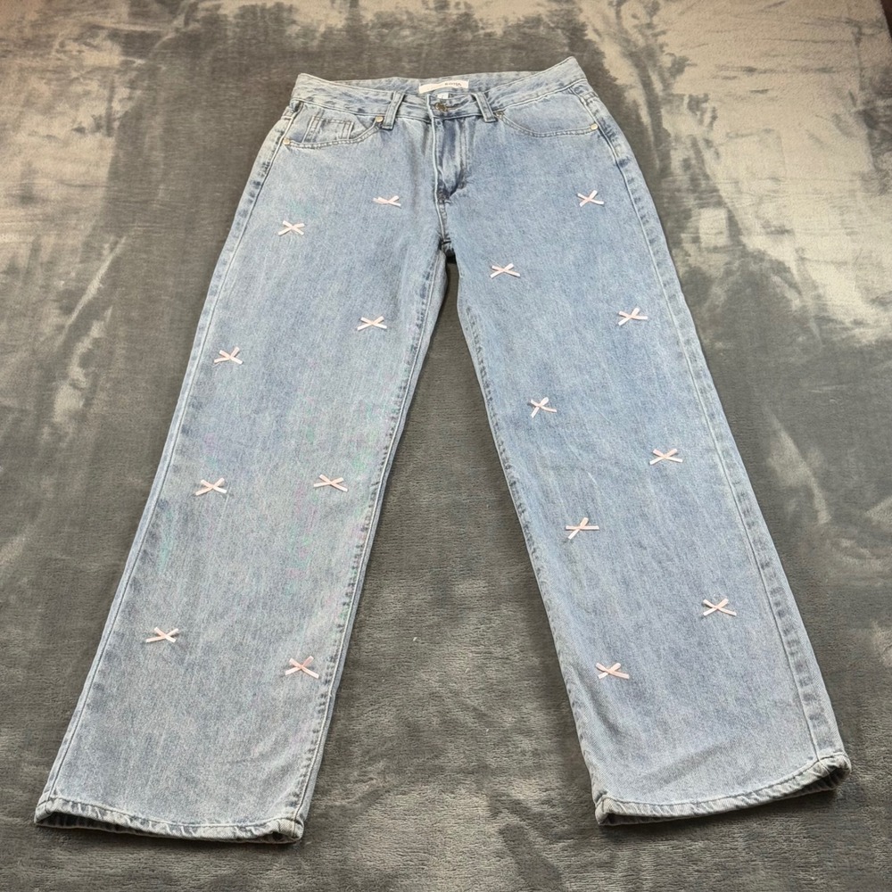 Love Soho Pink Bow Embroidered Wide Leg Jeans Light Wash Denim Coquette Size 7